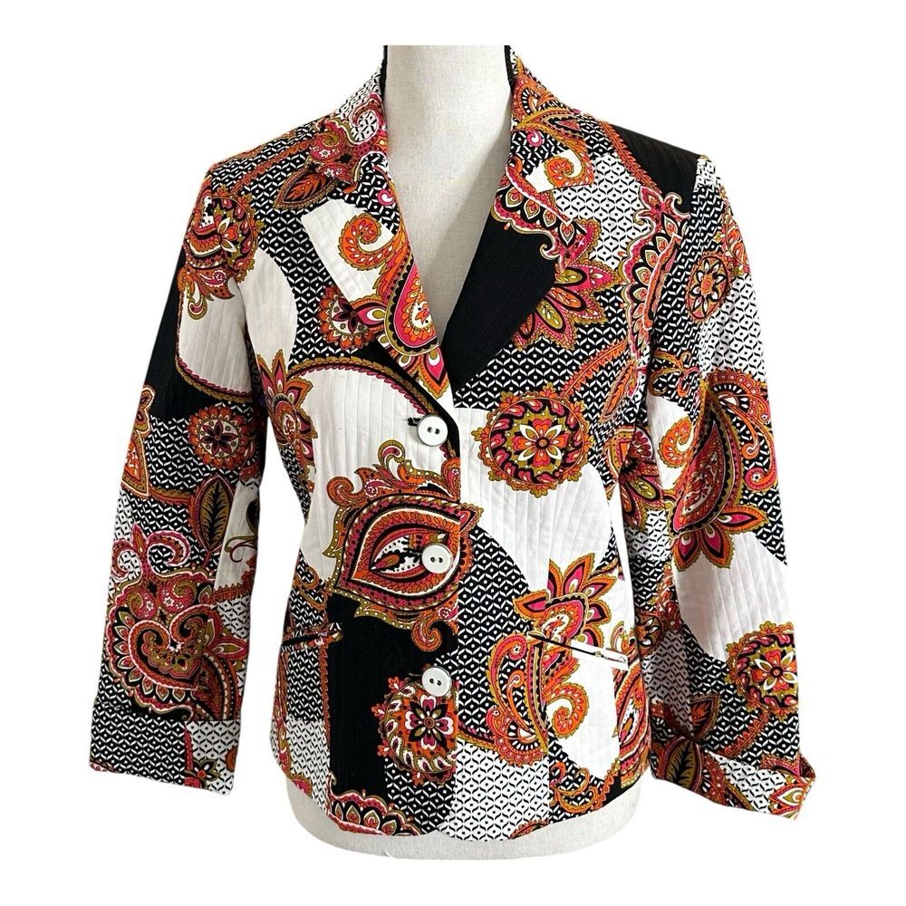 Chicos Short Jacket Blazer Black White Pink Orange‎ Womens Size 0 Paisley Floral